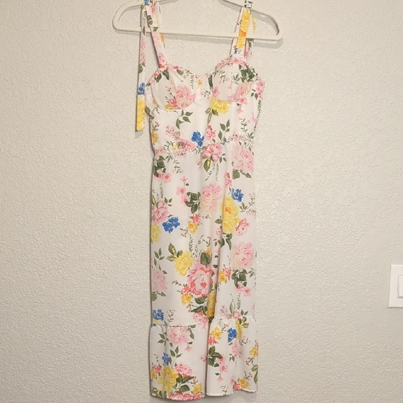Lily Rose cream colorful floral bustier midi dress faux shoulder tie straps - Picture 4 of 10